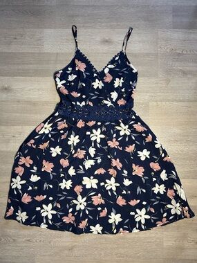 Floral Spaghetti-Strap Maxi short Dress in Navy with Cream & Blush Flowers